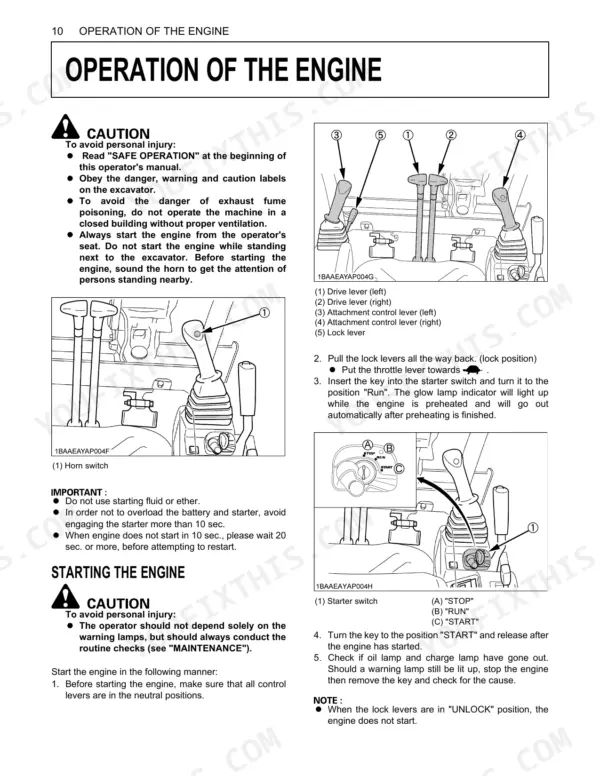 Kubota U25, U25-3S engine operation manual showing control lever diagrams, horn switch, and starter switch procedures.