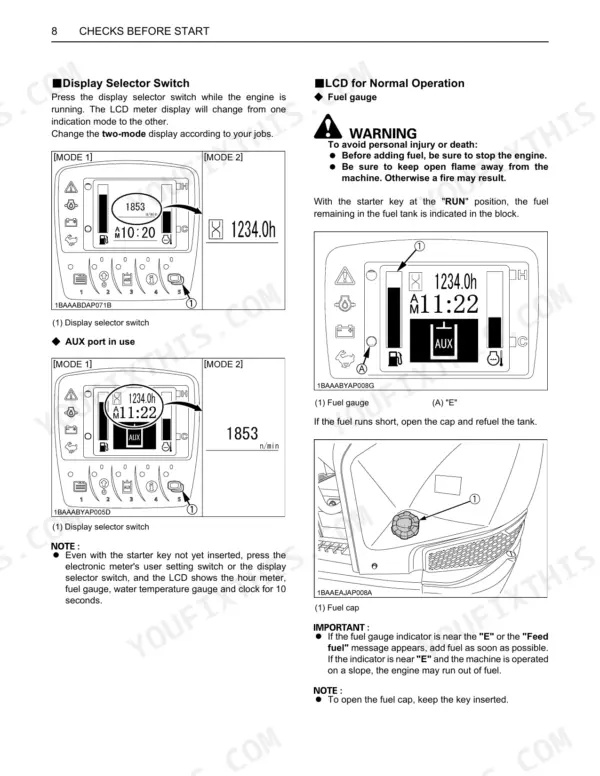 Kubota U35-4 display selector switch, LCD fuel gauge operation, and fuel cap location diagrams.