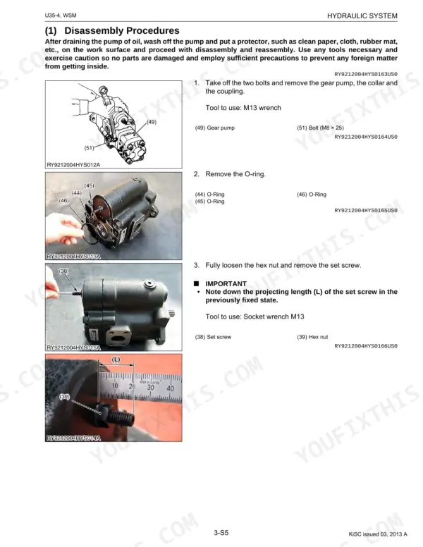 Kubota U35-4 hydraulic gear pump disassembly procedures, including O-ring removal and set screw measurement steps.