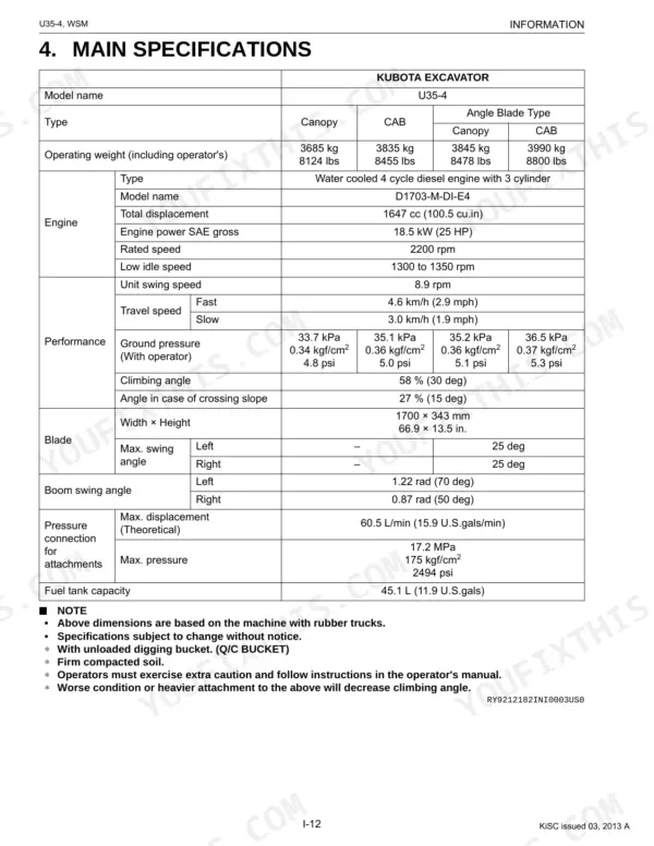 Kubota U35-4 main specifications table including engine, performance, blade, and hydraulic pressure data.