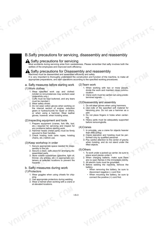 Kubota U35, U35-3 safety precautions for servicing, disassembly, and reassembly procedures manual page.