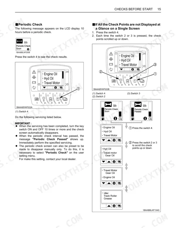 Kubota U48-4 periodic check LCD display instructions, switch operation, and maintenance screen navigation diagrams.