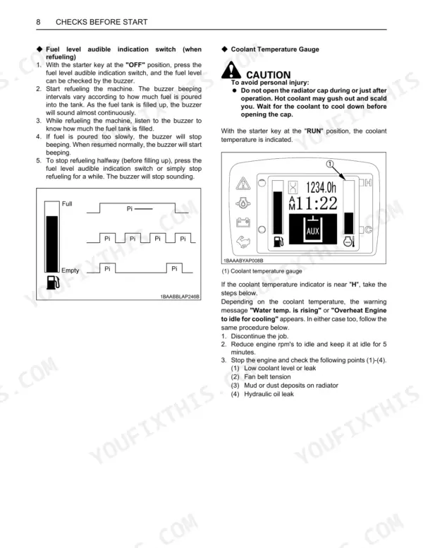 Kubota U48-4 fuel level audible indication switch and coolant temperature gauge operation procedures and display diagram.