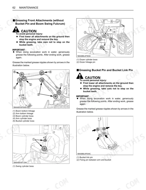 Kubota U48-4 maintenance manual page showing grease point locations for dozer, boom, arm, bucket, and swing cylinders.