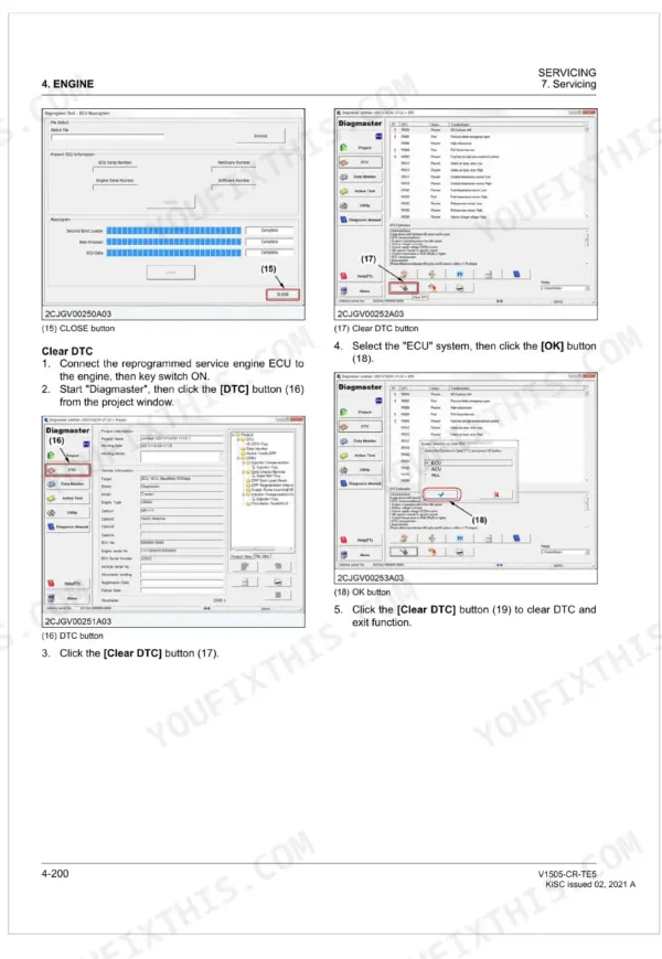 Kubota V1505-CR-TE5 Diagmaster software procedure for clearing engine ECU diagnostic trouble codes (DTC).