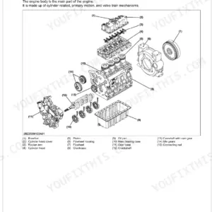 Kubota V1505-CR-TE5 exploded view of engine body components including cylinder head, crankcase, and crankshaft.