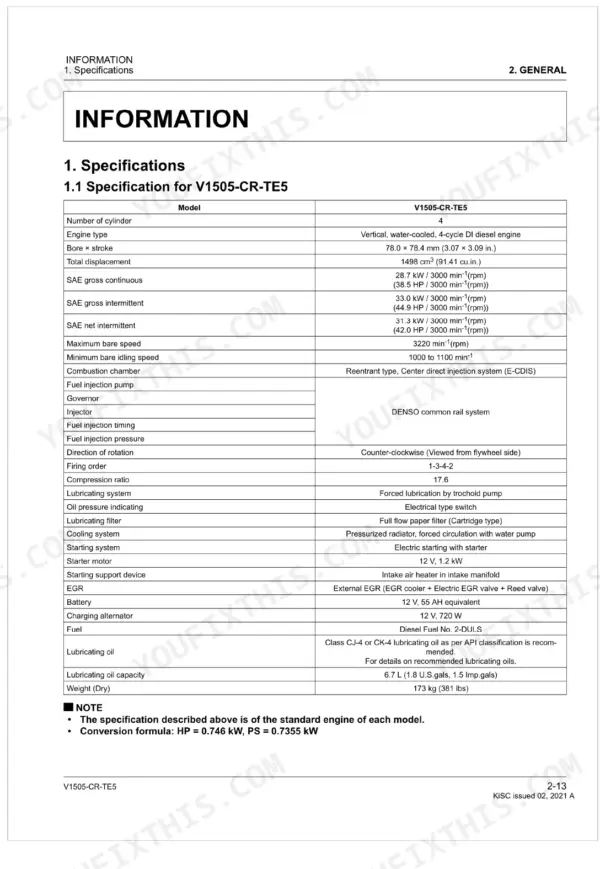 Kubota V1505-CR-TE5 engine technical specifications table including bore, stroke, displacement, and power ratings.