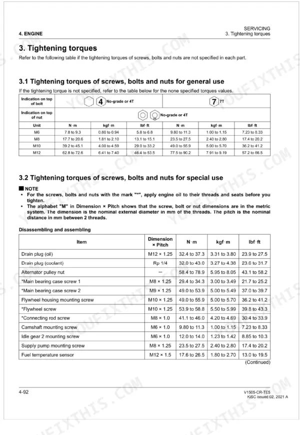 Kubota V1505-CR-TE5 engine service manual page showing general and special tightening torque specification tables.