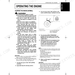 Kubota V1505-CR-TE5...V3800-CR-TE5-BG engine operating manual page showing normal engine starting procedures and key switch diagram.