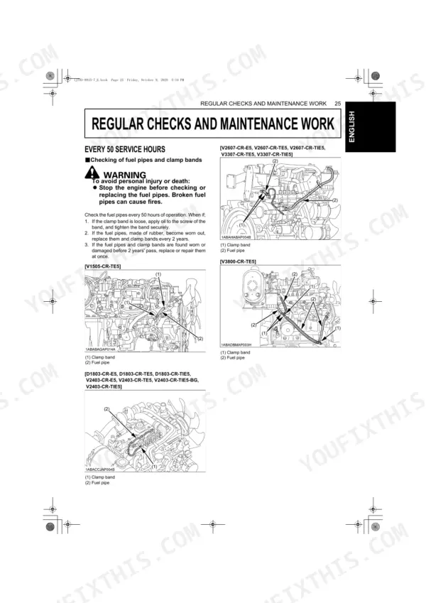 Kubota V1505-CR-TE5...V3800-CR-TE5-BG maintenance manual: checking fuel pipes and clamp bands with engine diagrams.