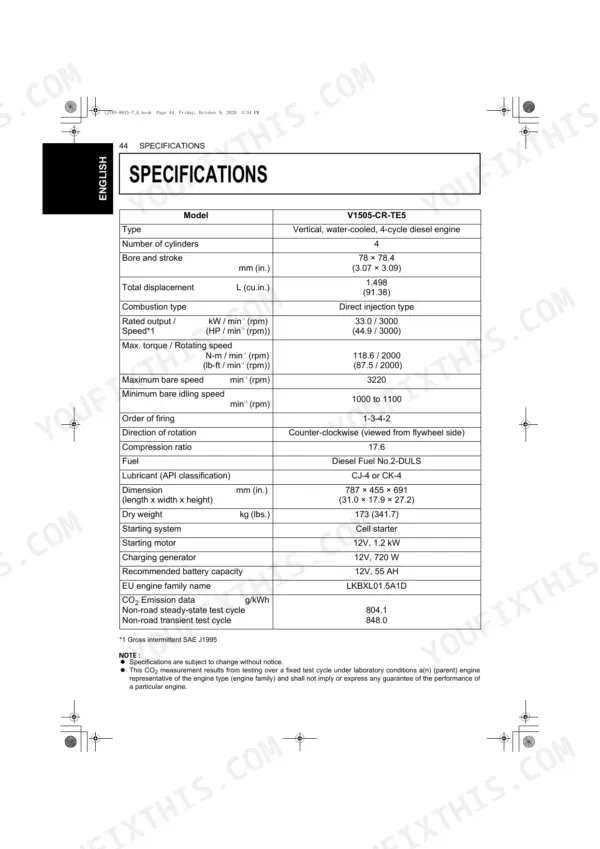 Kubota V1505-CR-TE5...V3800-CR-TE5-BG engine specifications table for V1505-CR-TE5 model, including bore, stroke, and torque.