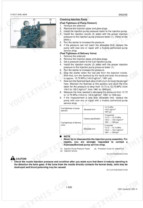 Kubota V1505-T-E4B injection pump fuel tightness testing procedures, pressure specifications table, and test setup diagram.