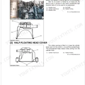 Kubota V1505-T-E4B engine closed breather system and half-floating head cover diagrams and component descriptions.