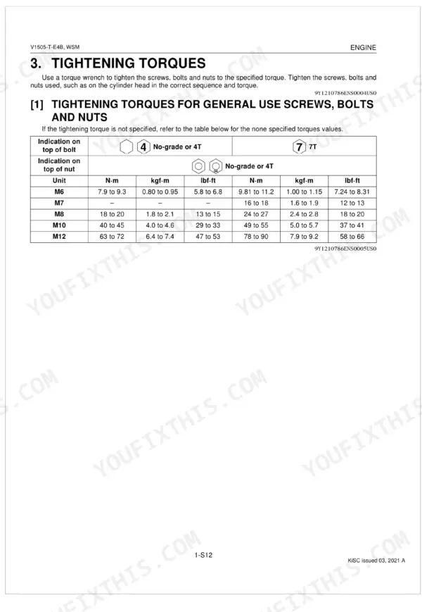 Kubota V1505-T-E4B engine service manual table for general use screw, bolt, and nut tightening torque specifications.