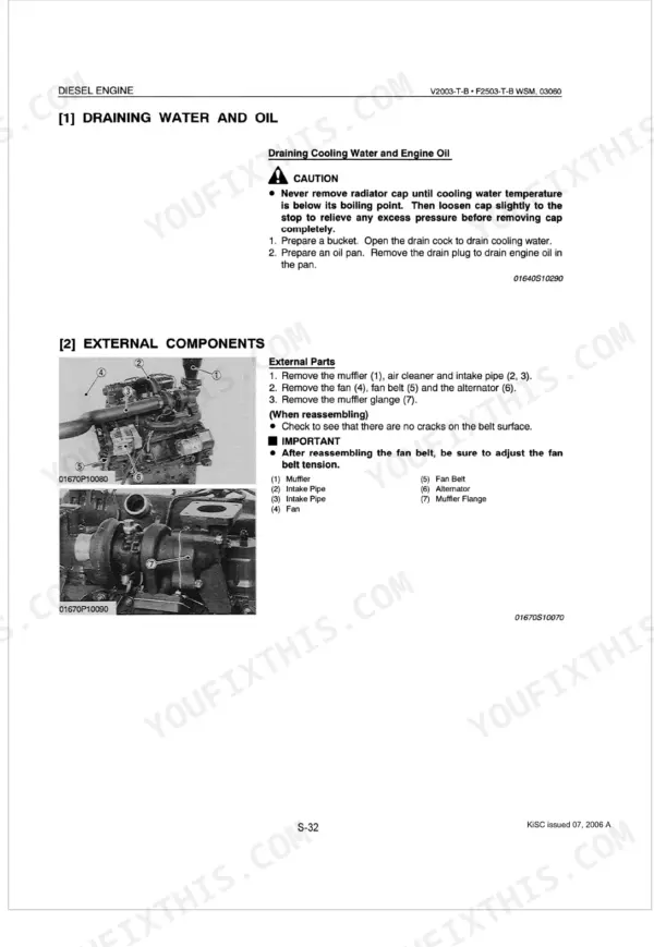 Kubota V2003-T-B, F2503-T-B procedures for draining water and oil and removing external engine components.