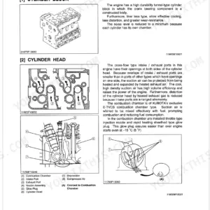 Kubota V2003-T-B, F2503-T-B, V2203-DI-B cylinder block and E-TVCS combustion chamber system diagrams and descriptions.