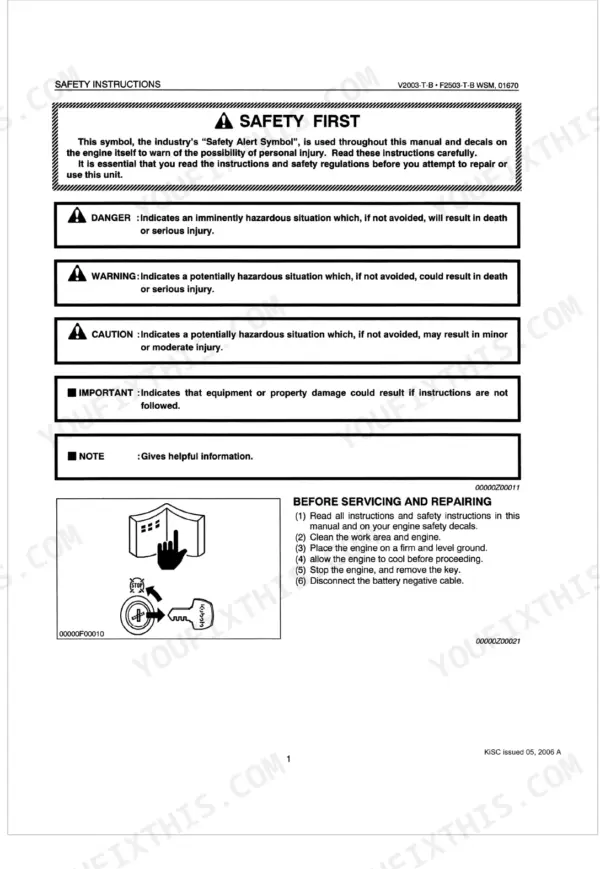 Kubota V2003-T-B, F2503-T-B, V2203-DI-B safety instructions, hazard definitions, and pre-service repair procedures.