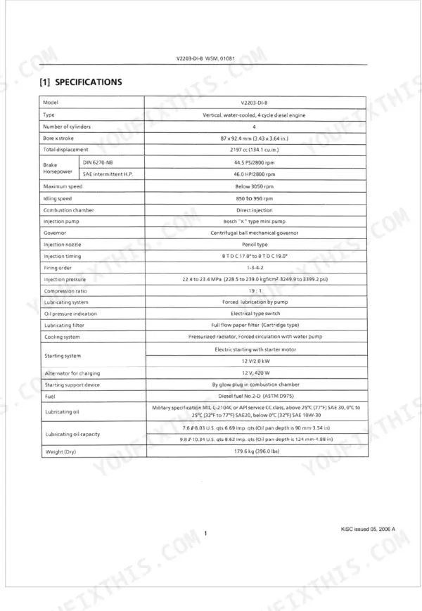 Kubota V2003-T-B, F2503-T-B, V2203-DI-B engine specifications table including bore, stroke, and displacement data.