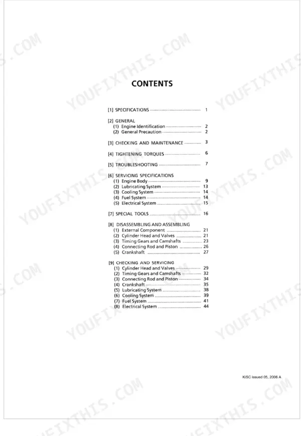 Kubota V2003-T-B, F2503-T-B, V2203-DI-B workshop manual table of contents page listing engine service sections.