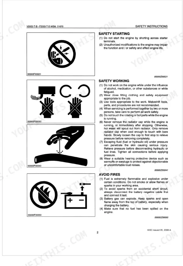 Kubota V2003-T-B, F2503-T-B, V2203-DI-B safety manual page with instructions for starting, working, and fire prevention.