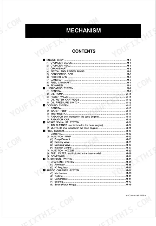 Kubota V2003-T-B, F2503-T-B, V2203-DI-B Mechanism section table of contents listing engine, cooling, and fuel systems.