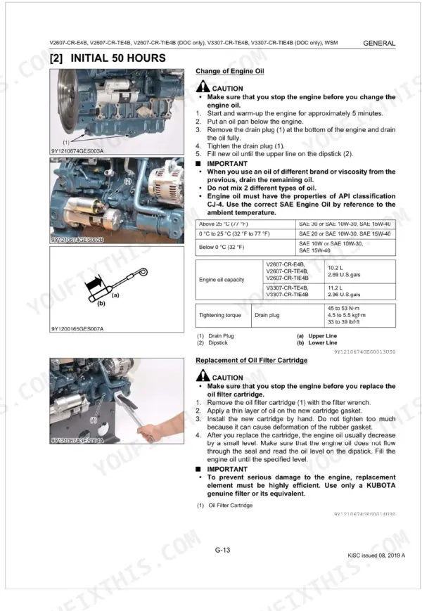 Kubota V2607-CR-E4B, V2607-CR-TE4B, V2607-CR-TIE4B, V3307-CR-TE4B, V3307-CR-TIE4B engine oil change and filter replacement guide.