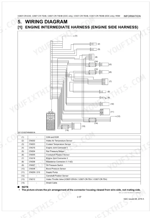Kubota V2607-CR-E4B, V2607-CR-TE4B, V2607-CR-TIE4B, V3307-CR-TE4B, V3307-CR-TIE4B engine intermediate harness wiring diagram.