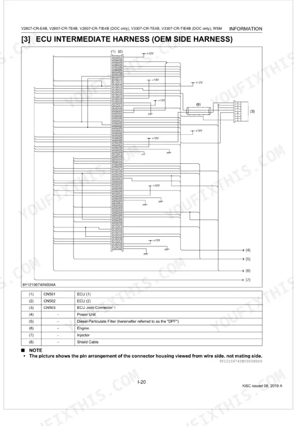 Kubota V2607-CR-E4B, V2607-CR-TE4B, V2607-CR-TIE4B, V3307-CR-TE4B, V3307-CR-TIE4B ECU intermediate harness wiring diagram and table.