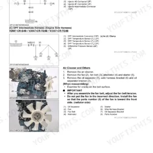 Kubota V2607-CR-E4B, V2607-CR-TE4B, V3307-CR-TE4B wiring diagrams for injector and DPF harnesses, plus air cleaner removal steps.