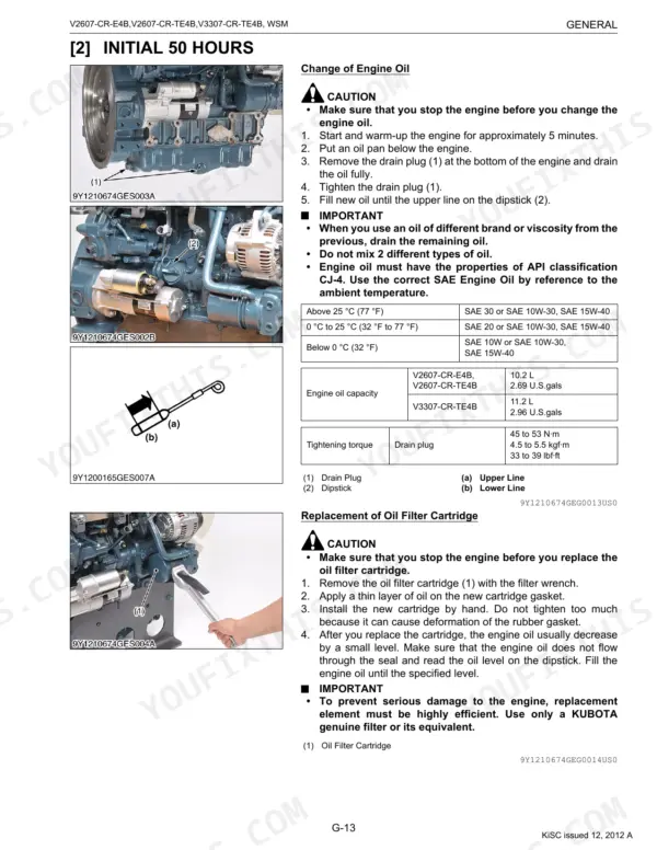 Kubota V2607-CR-E4B, V2607-CR-TE4B, V3307-CR-TE4B engine oil change and oil filter replacement procedures and specs