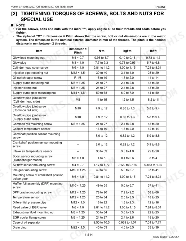 Kubota V2607-CR-E4B, V2607-CR-TE4B, V3307-CR-TE4B engine service manual table of special use tightening torques for screws, bolts, and nuts.
