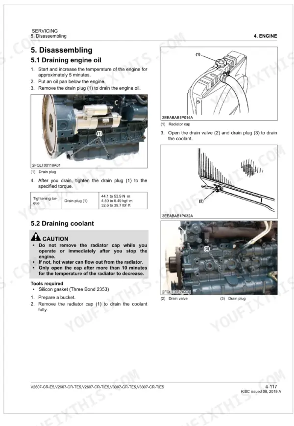 Kubota V2607-CR-E5, V2607-CR-TE5, V2607-CR-TIE5, V3307-CR-TE5, V3307-CR-TIE5 engine oil and coolant draining procedures and torque specs.