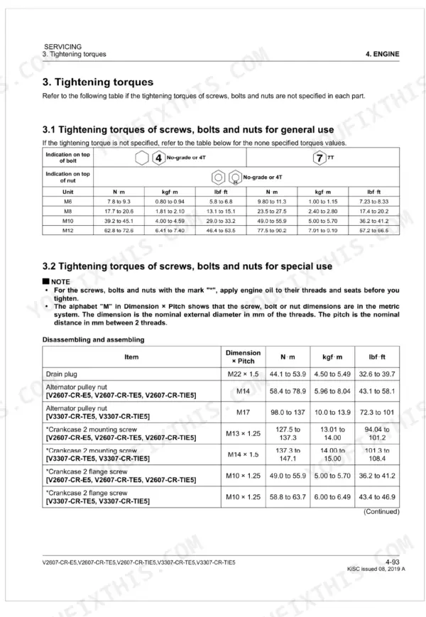 Kubota V2607-CR-E5, V2607-CR-TE5, V2607-CR-TIE5, V3307-CR-TE5, V3307-CR-TIE5 general and special tightening torque specification tables.