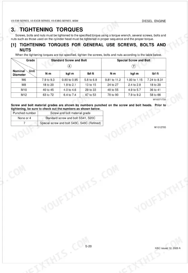 Kubota V3-E3B, V3-E3CB, V3-E3BG, V3300-E3BG, V3600-E3B, V3600-E3CB, V3600-T-E3B, V3600-T-E3CB, V3600-T-E3BG, V3800DI-T-E3B, V3800DI-T-E3CB, V3800DI-T-E3BG general tightening torque specification tables for screws, bolts, and nuts.