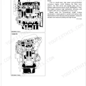 Kubota V3300-B, V3300-TB engine cross-section diagrams showing internal components and E-TVCS system features.
