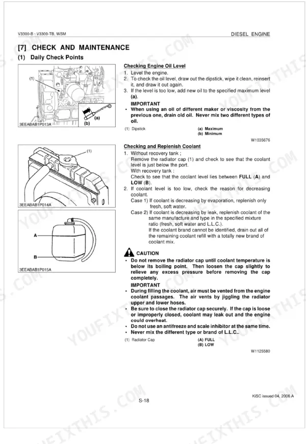 Kubota V3300-B, V3300-TB daily maintenance procedures for checking engine oil level and replenishing coolant levels.