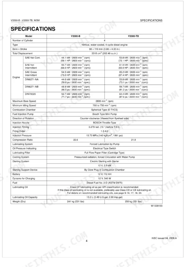 Kubota V3300-B, V3300-TB engine specifications table including bore, stroke, displacement, power, and fuel system data.