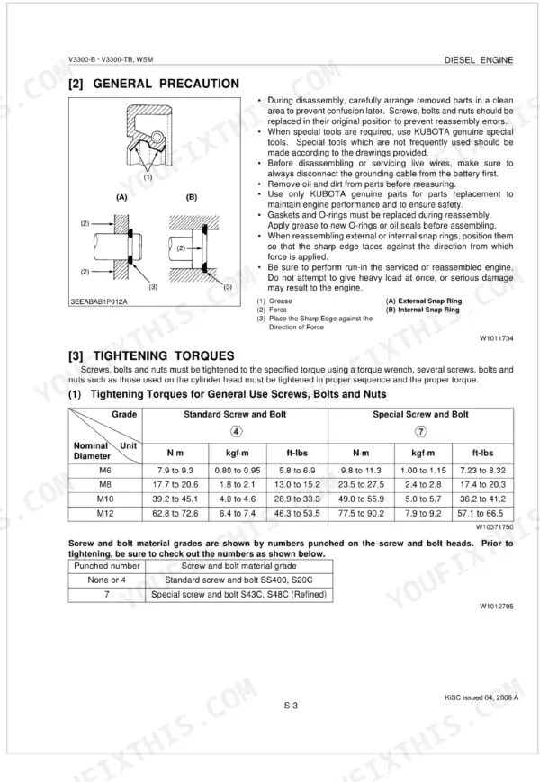 Kubota V3300-B, V3300-TB general precautions, snap ring installation diagrams, and bolt tightening torque specification table.