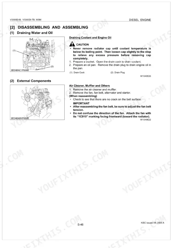 Kubota V3300DI-B, V3300DI-TB engine manual: procedures for draining coolant, oil, and removing external components.