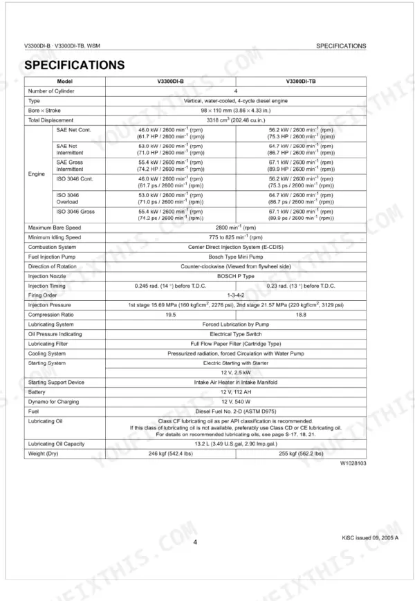 Kubota V3300DI-B, V3300DI-TB engine specifications table including bore, stroke, power output, and system capacities.