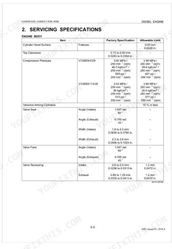 Kubota V3300DI-E2B, V3300DI-T-E2B engine body servicing specifications table for cylinder head, compression, and valves.