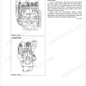 Kubota V3300DI-E2B, V3300DI-T-E2B engine cross-section diagrams showing E-CDIS four-valve system and internal components.
