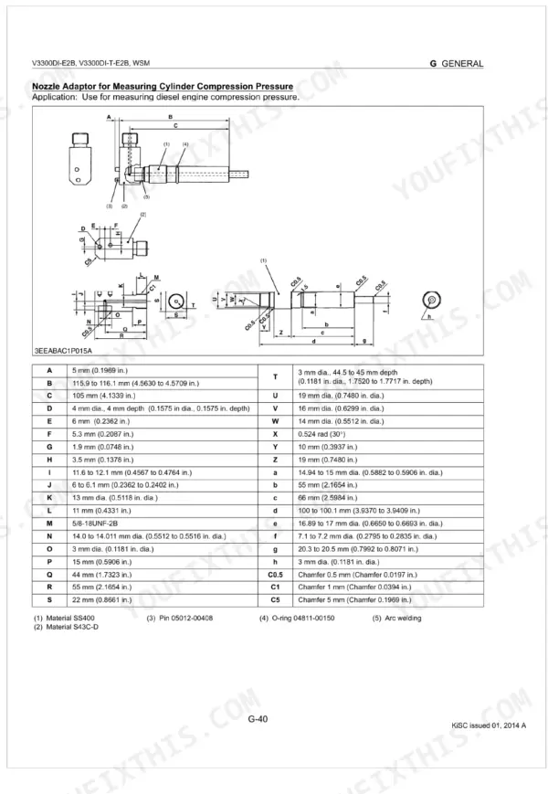 Kubota V3300DI-E2B, V3300DI-T-E2B nozzle adaptor for measuring cylinder compression pressure diagram and specs.
