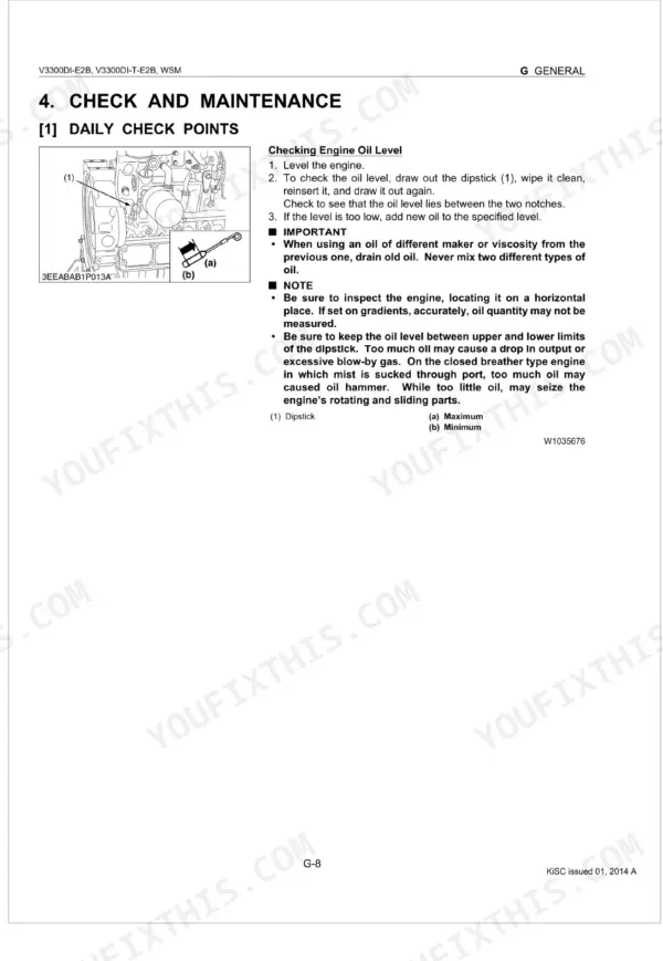 Kubota V3300DI-E2B, V3300DI-T-E2B engine oil level check procedure and dipstick location diagram.