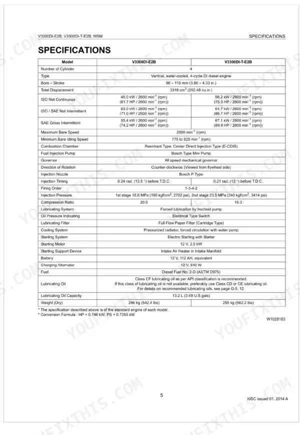 Kubota V3300DI-E2B, V3300DI-T-E2B engine specifications table including bore, stroke, displacement, and power ratings.