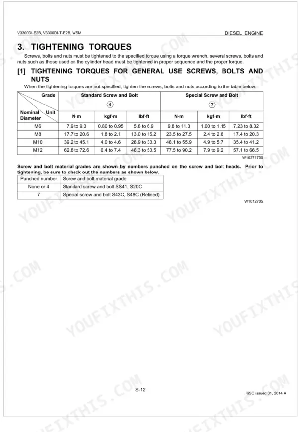 Kubota V3300DI-E2B, V3300DI-T-E2B tightening torque table for general use screws, bolts, and nuts by diameter and grade.