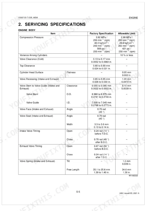 Kubota V3307-DI-T-E2B engine body servicing specifications table for compression, valve clearance, and timing limits.