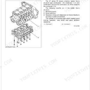 Kubota V3307-DI-T-E2B cylinder block exploded view showing ladder frame crankcase 1 and 2 assembly components.