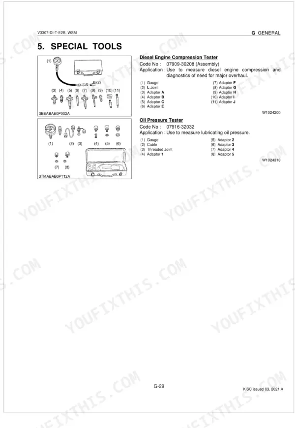 Kubota V3307-DI-T-E2B special tools list for diesel engine compression and oil pressure testers with component diagrams.
