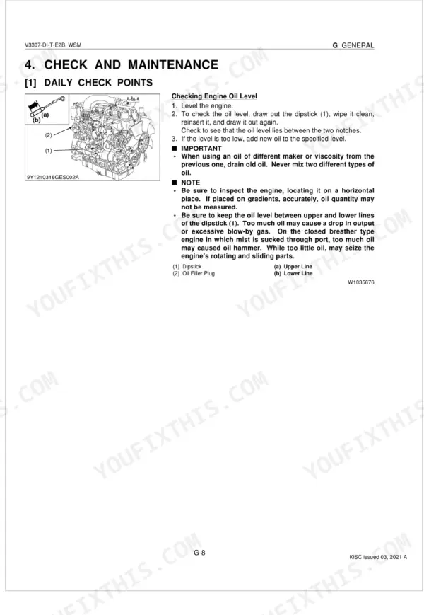 Kubota V3307-DI-T-E2B engine maintenance manual showing procedure for checking engine oil level with dipstick diagram.